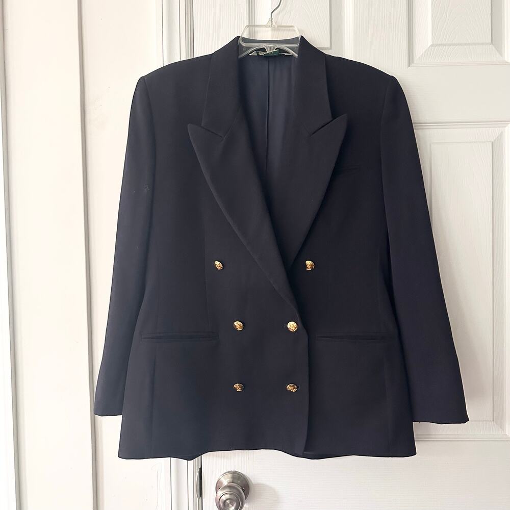 Austin Reed Vintage Navy Blue Wool Double Breasted Gold Button Blazer 12 USA